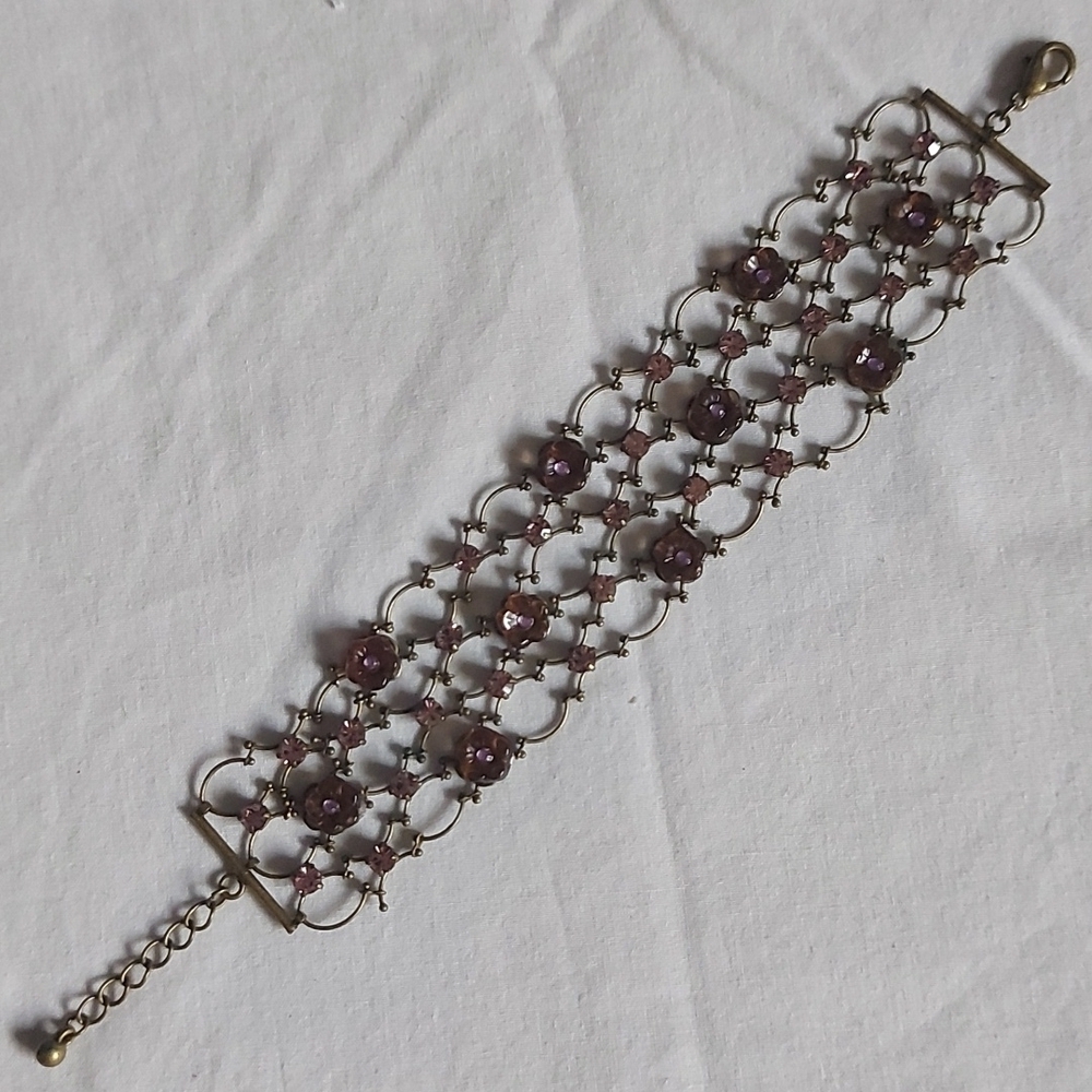 Vintage Purple Stone Flower and Rhinestone Filigree Chain Bracelet - Picture 1 of 7